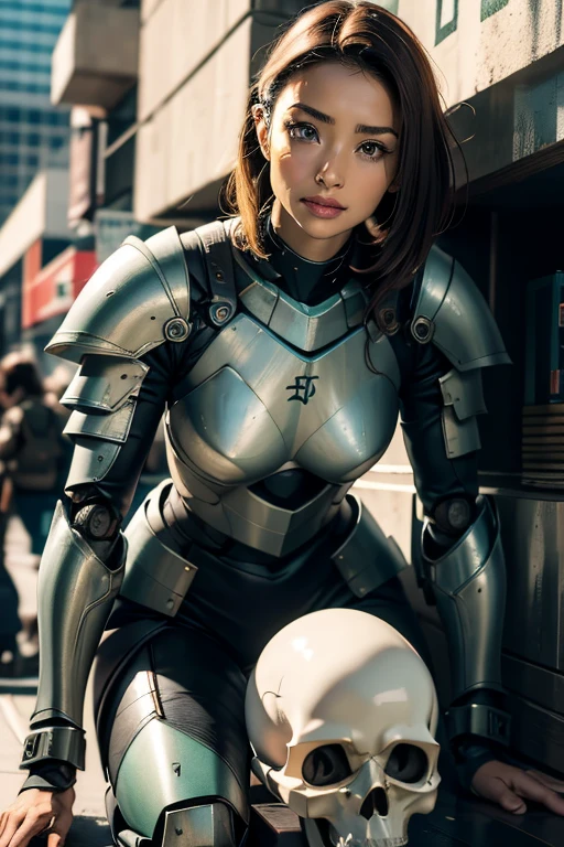 8k,Realistic skin texture、Superrealism、Realistic photos、Near future軍所属の日系女性パイロットが大型ロボットの腹部に設置されたコックピットに乗っている、Damaged moss green combat armored robot、Skull mark on armor、Near future、Unit Paint and Identification Number、Peeling paint、oil stains、Detailed Description、Dynamic pose、Armored Core