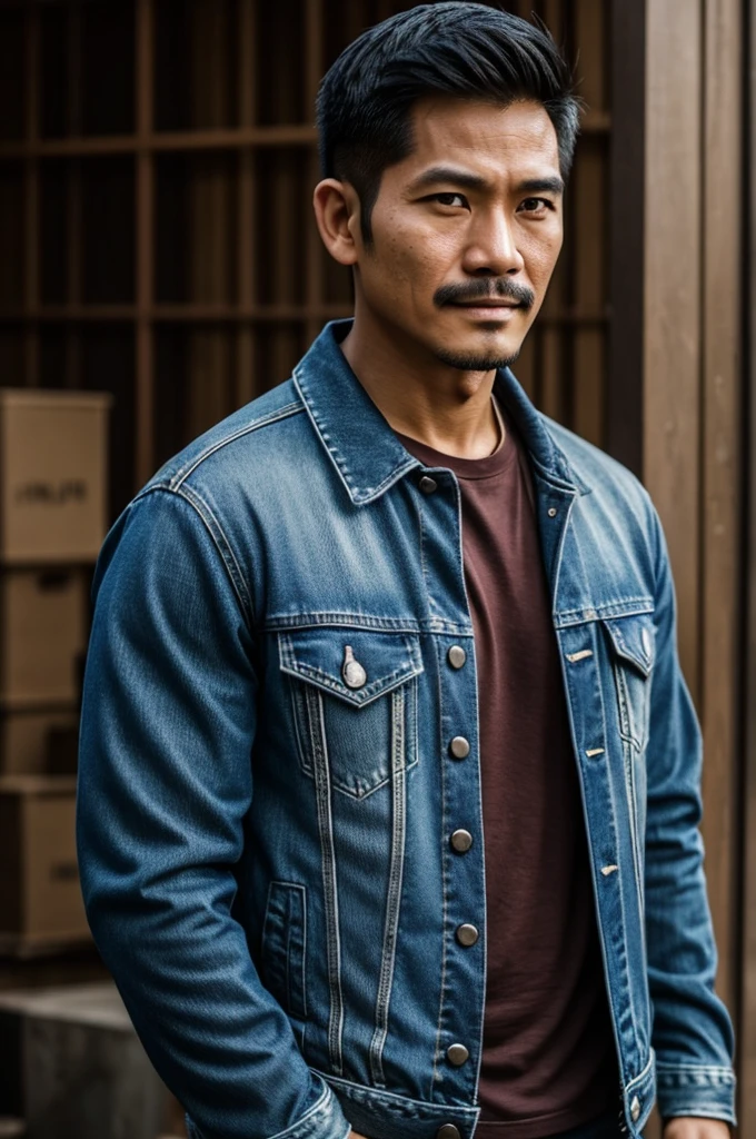 make character of my action film and his name is " Jim ". This man is filipino in age of 30 years old and handsome man long nose. Wearing denim jacket. The facial expression of this man is normal, not smiling, not sad. No beard, no mustache