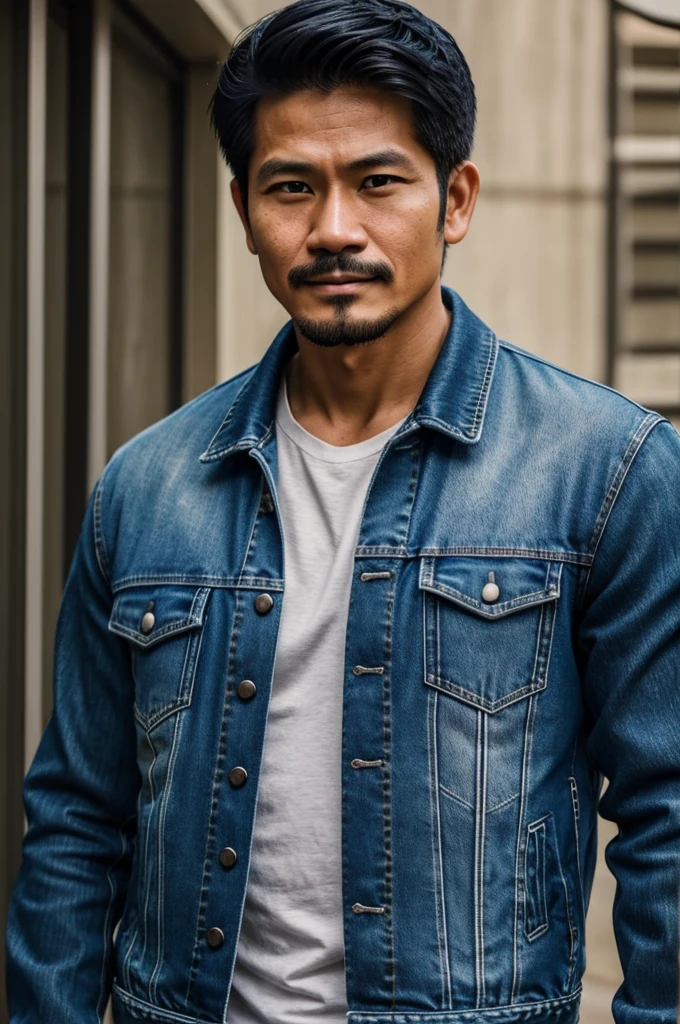 make character of my action film and his name is " Jim ". This man is filipino in age of 30 years old and handsome man long nose. Wearing denim jacket. The facial expression of this man is normal, not smiling, not sad. No beard, no mustache