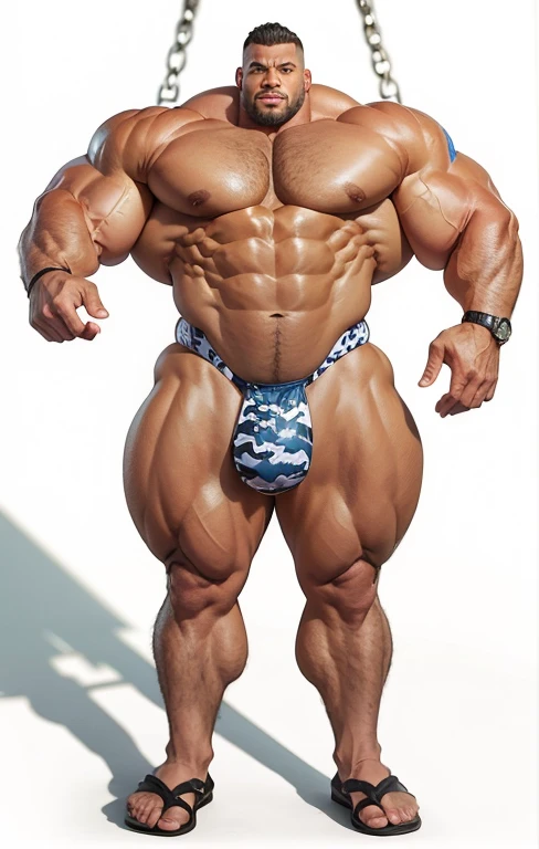 bodybuilder with enormous muscles, wide huge pectorals, wearing an animal print latex mankini
