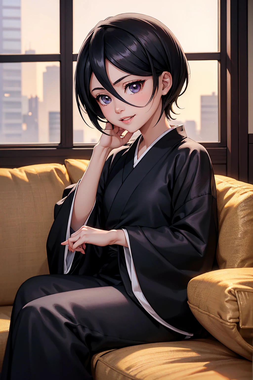 rich in detail, Natural strokes and colors, natural lighting, face detailed, detailed hair, eye detailed, detailed nose, Detailed lips. a young and beautiful girl, sitting not sofa, wearing a black kimono, with short black hair, and with a smile rukia kuchiki.