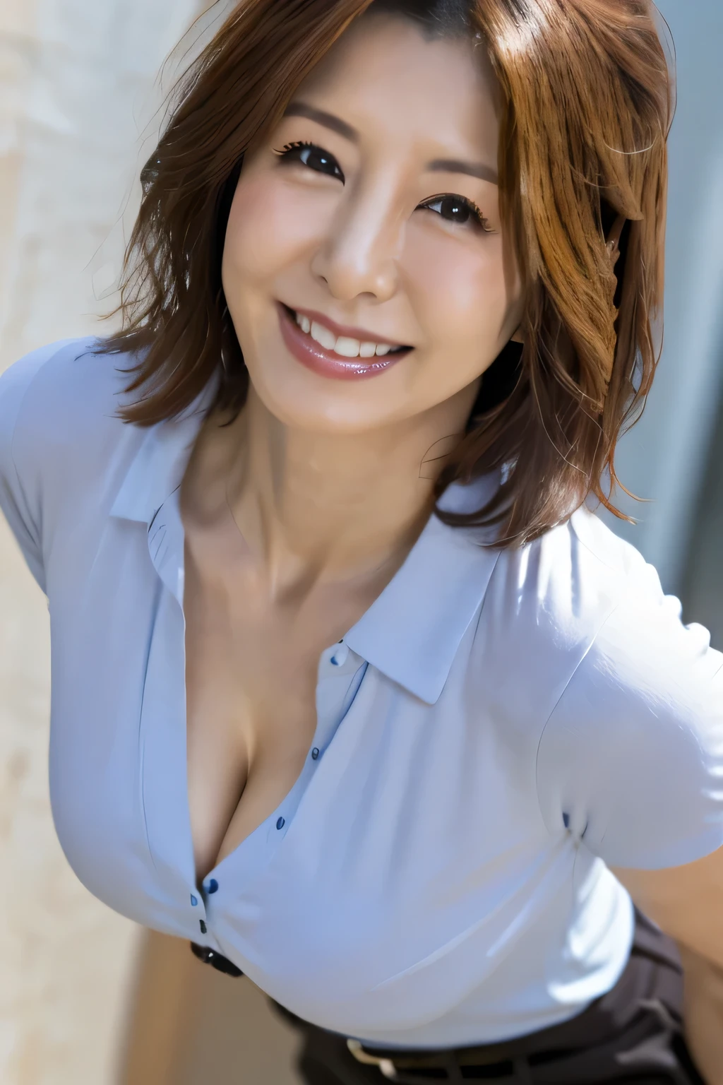 8K, Highest quality, masterpiece, Realistic, Realistic, Very detailed, Natural light, 1 Japanese female, 40 years old, Slightly brown-haired, short hair, White shirt, (Leaning forward to look into the floor camera), Detailed bending forward, Underwear and shirt, , Open neckline shirt with details, Her is visible, A refreshing smile, A friendly smile, Happy emotion smiley faces, Very detailedな顔と肌, Very detailedな目, Very detailedな顔と肌, Very detailed smile,