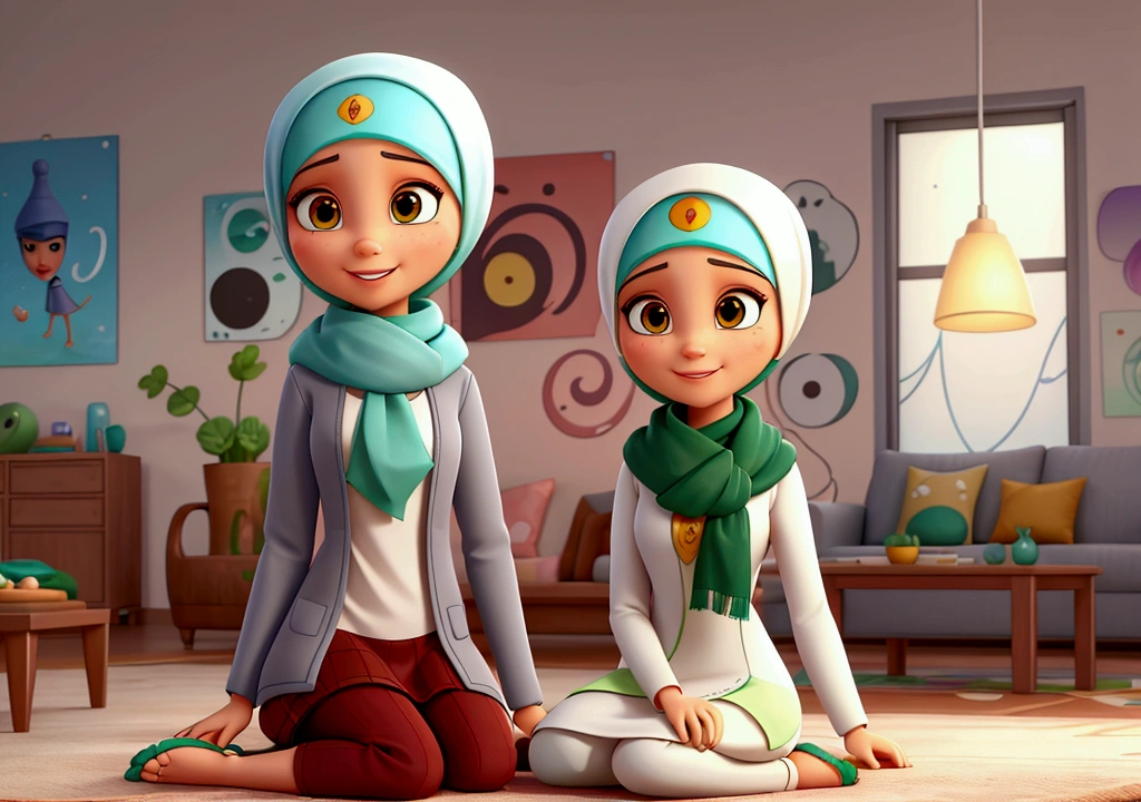   A beautiful girl with a modern Islamic hijab tied to her neck, a cartoon character in the Disney Pixar style, brown eyes and white skin, with a broad smile, her head tilted slightly, her long hijab covering her feet, the hijab is reddish-gray, with an emerald green scarf, sitting on a modern light gray sofa, in Modern living room with decorative walls 