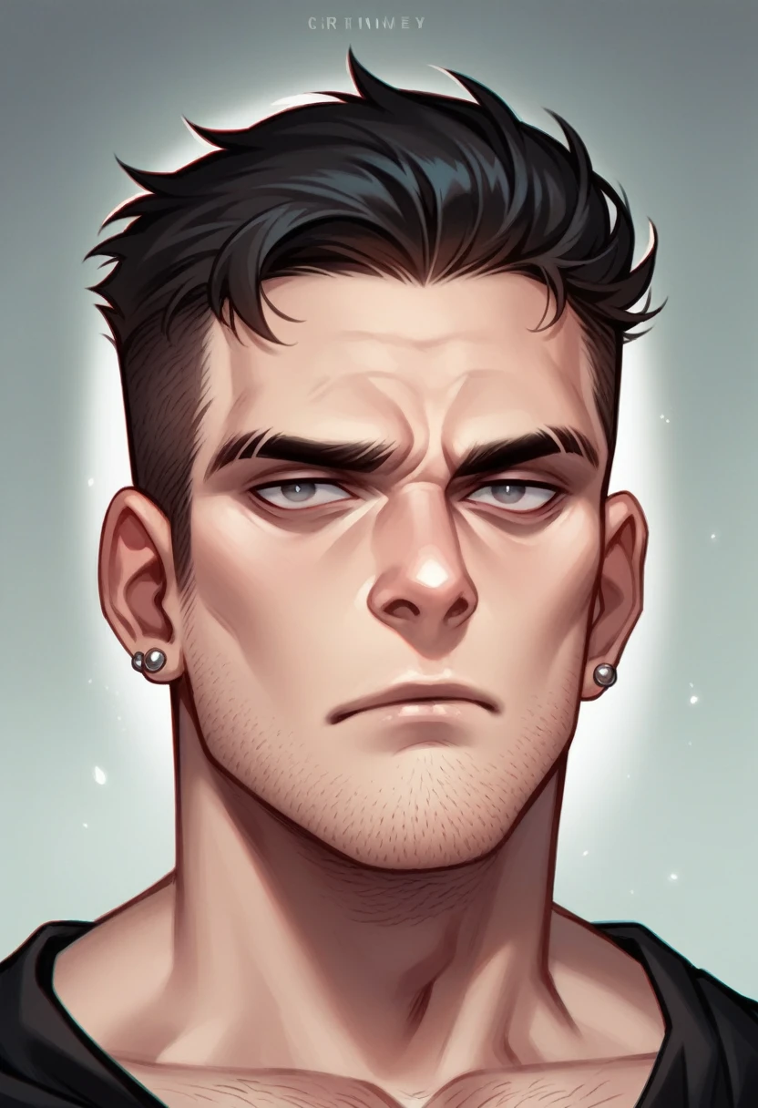 (best quality,highres),edgy portrait, young adult male, criminal, intense stare, dark lighting, grimey background, baggy clothing, rugged look, piercing eyes, chiseled jawline, stubble, rebellious attitude