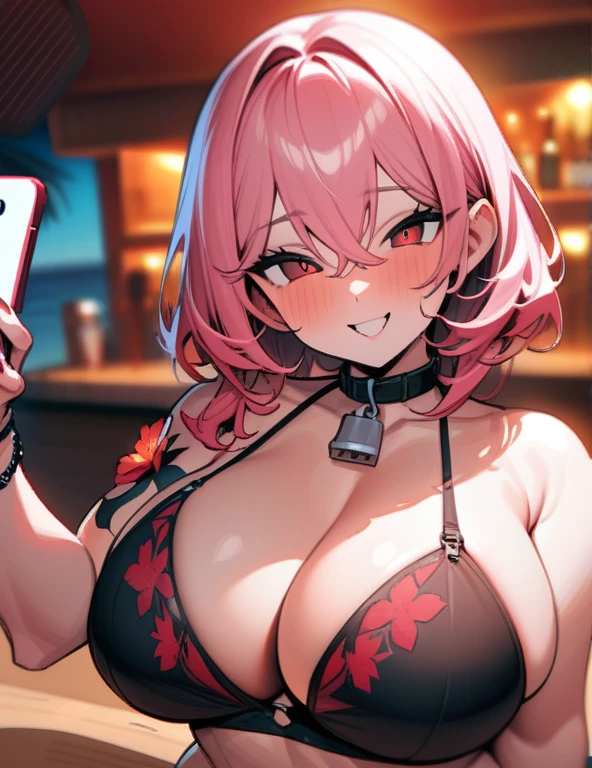 (masterpiece), best quality, expressive eyes, perfect succubus girl face, long pink hair, reddish red eyes, happy, black bikini with flower design on her bra, dog collar with a padlock on her neck, black bracelet on Left Arm, big perfect breasts, thick thighs, perfect ass, beach, in a bar, taking a selfie for her boyfriend, nfsw
