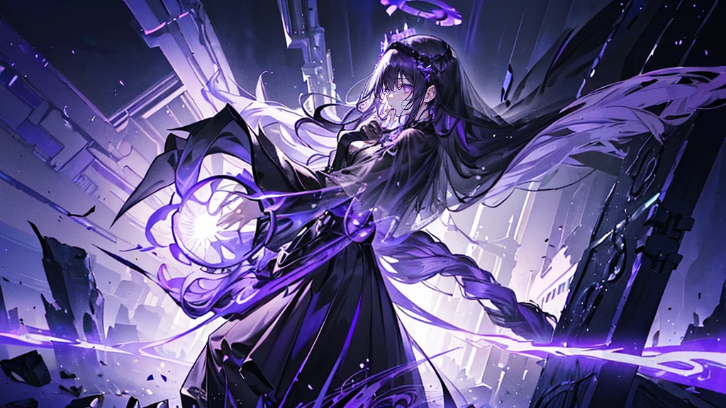 (Super detailed)),((illustration)),((masterpiece)),(((need))),((fine、Highest quality CG Unity 8K wallpapers,masterpiece),((4K,masterpiece,best quality)),Black hair queen,Waist-length hair,Royal sister,Sexy,Tall figure,Lilac eyes,Standing upright in a coffin,Mature,Hair Bunch,Hair tied on both sides,Black and purple French vintage clothing,Gorgeous pure black cape,Black veil,Purple-white halo,Black purple boots,Wearing a crown on the head,Holding a knight's sword,pyramid,Emitting dim purple light,Brilliant palace,The deep sea is filled with coffins,Mysterious symbols,individual,Emit a dim light,Full body picture