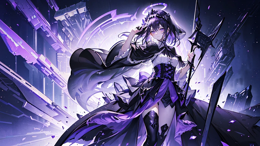 (Super detailed)),((illustration)),((masterpiece)),(((need))),((fine、Highest quality CG Unity 8K wallpapers,masterpiece),((4K,masterpiece,best quality)),Black hair queen,Waist-length hair,Royal sister,Sexy,Tall figure,Lilac eyes,Standing upright in a coffin,Mature,Hair Bunch,Hair tied on both sides,Black and purple French vintage clothing,Gorgeous pure black cape,Black veil,Purple-white halo,Black purple boots,Wearing a crown on the head,Holding a knight's sword,pyramid,Emitting dim purple light,Brilliant palace,The deep sea is filled with coffins,Mysterious symbols,individual,Emit a dim light,Full body picture