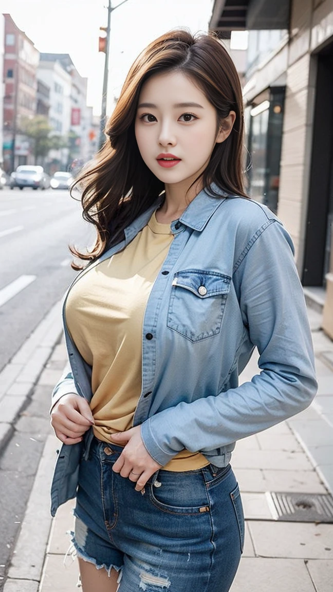 Cute dark skin toned Chinese girl wearing glasses, extremely detailed face, extremely detailed eyes, wearing tight jeans shorts