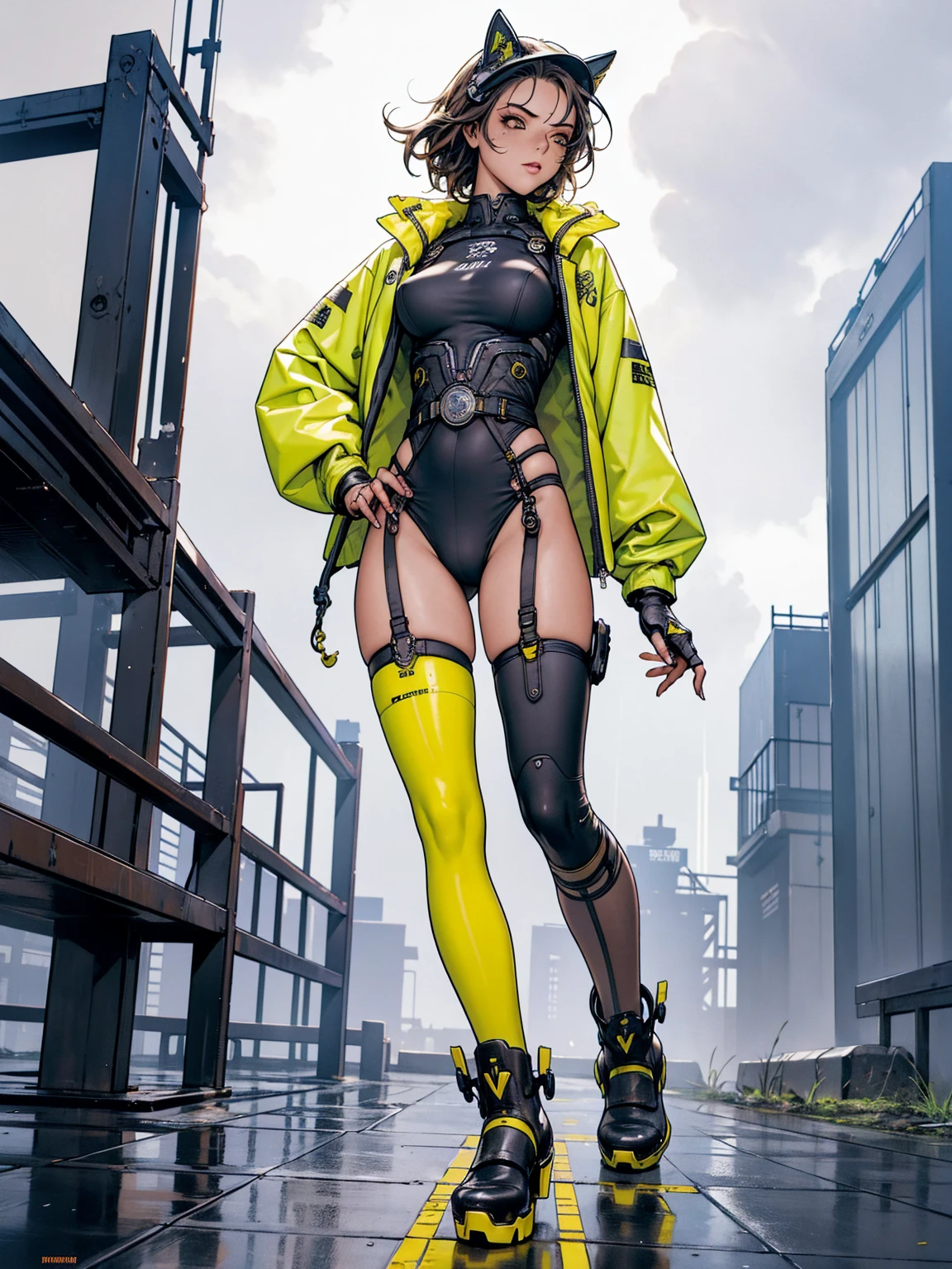 Girl from a shonen manga, strong and determined, smile on the corner of lips, scandalous clothes, futuristic black swimsuit with thin white vertical stripes, high collar, yellow raincoat, all wet, walking on a building roof, lightning cuts the sky on a rainy day, futuristic buildings in the background, (((front view))), Neon panels illuminate your body from behind, perfect fitness body, coxas nuas, long ribbon-garter, high socks and rain boots with platform heels, cena sensual, stunning visual, (((cowboy shot)))
, A highly detailed and realistic skull girl,( eyeballs. Taylor Alegria) cyberpunk character, furious mad max, one-handed robot, Cyborg arm, cyberpunk helmet, dramatic metal heavy rock theme, best qualityer, 8K, hyper realist, photorrealistic, extremely detailed painting, studio lighting, bright coloured, dark and moody atmosphere, cinematic, dramatic pose, intricate mechanical details, glowing energy effects, intense sandy textures, Seamless integration of organic and inorganic elements. Wearing the used clothes of a deserter. fund: An apocalyptic desert. Dusty and depressing.