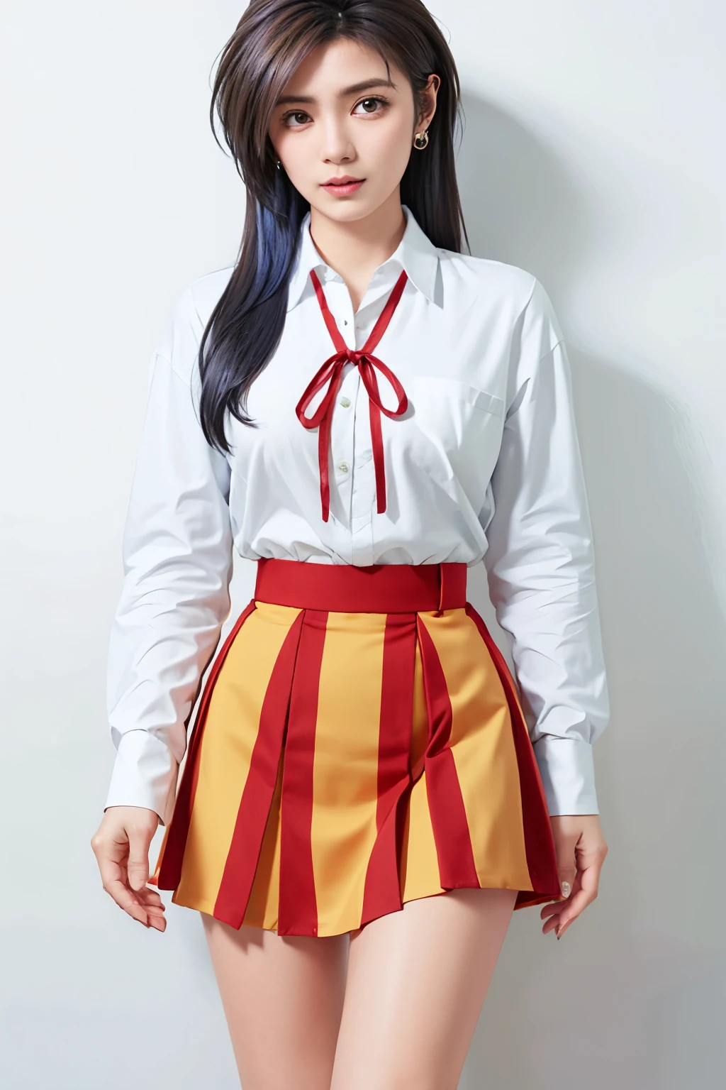 long hair, blue hair color,amber eye color,tall,hands on crotch, a full-body shot, long legs, largr breast,earrings,mini skirt,masterpiece, best quality, standing,Simple White Background, mio serizawa, long sleeves,red ribbon,white shirt, vest, beauty face