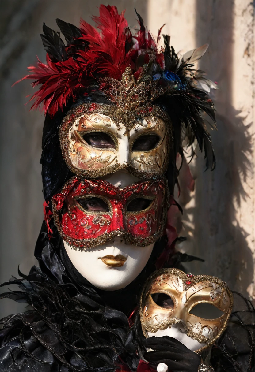 a woman posing for a photo with half a venetian mask , drama, in the style of Alfred Hitchcock, dramatic, Modern, vintage, --c 51