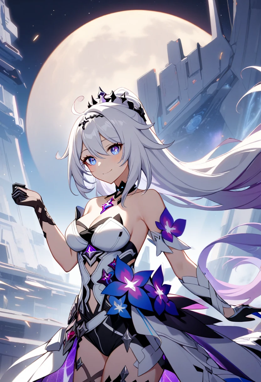 1girl, Kiana Kaslana \(Herrscher of Finality), Honkai Impact 3rd, ponytail, smile, extremely detailed eyes, moon base, earth