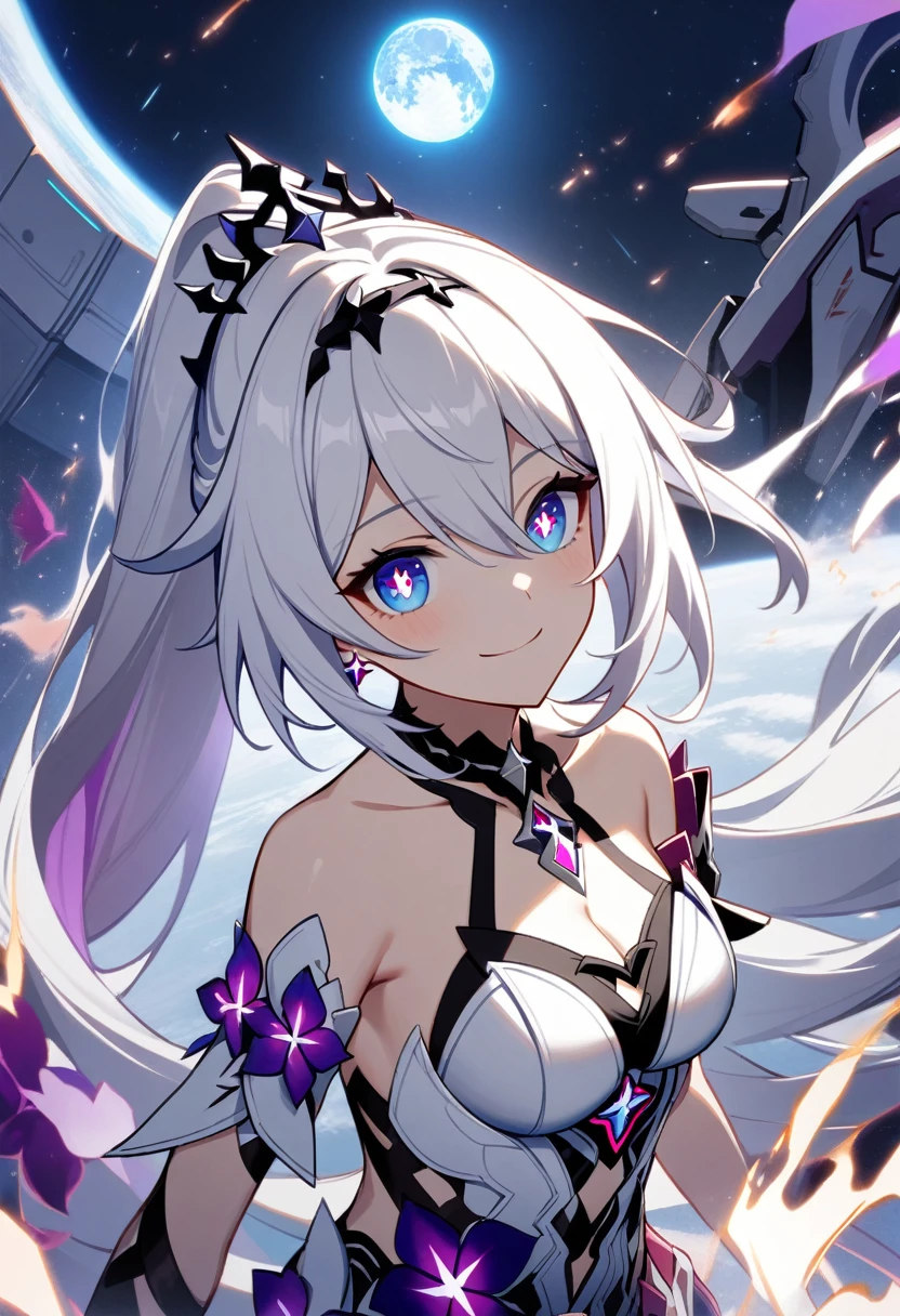 1girl, Kiana Kaslana \(Herrscher of Finality), Honkai Impact 3rd, ponytail, smile, extremely detailed eyes, moon base, earth
