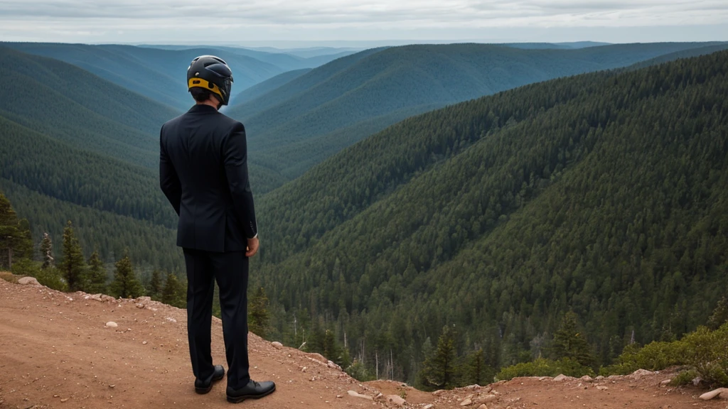 A Luxury Sales Suit man wearing a black rider full-face helmet overlooking wilderness,full body,standard rider black full face helmet,back view of the man, background is a wilderness,a man overlooking wilderness,a man overlooking wilderness,a man overlooking wilderness,a man overlooking wilderness,a man overlooking wilderness,full body,full body,full body,full body,with black rider full-face helmet,with black rider full-face helmet,with black rider full-face helmet,wearing black rider full-face helmet,wearing black full-face helmet,wearing black full-face helmet,overlooking wilderness,overlooking wilderness,Back view,Back view,Back view,Back view,Draw people small,Draw people small,Spectacular views,Spectacular views,Spectacular views,lonely man,lonely man,a black full-face helmet,a black full-face,A Luxury Sales Suit man,with Luxury Sales Suit