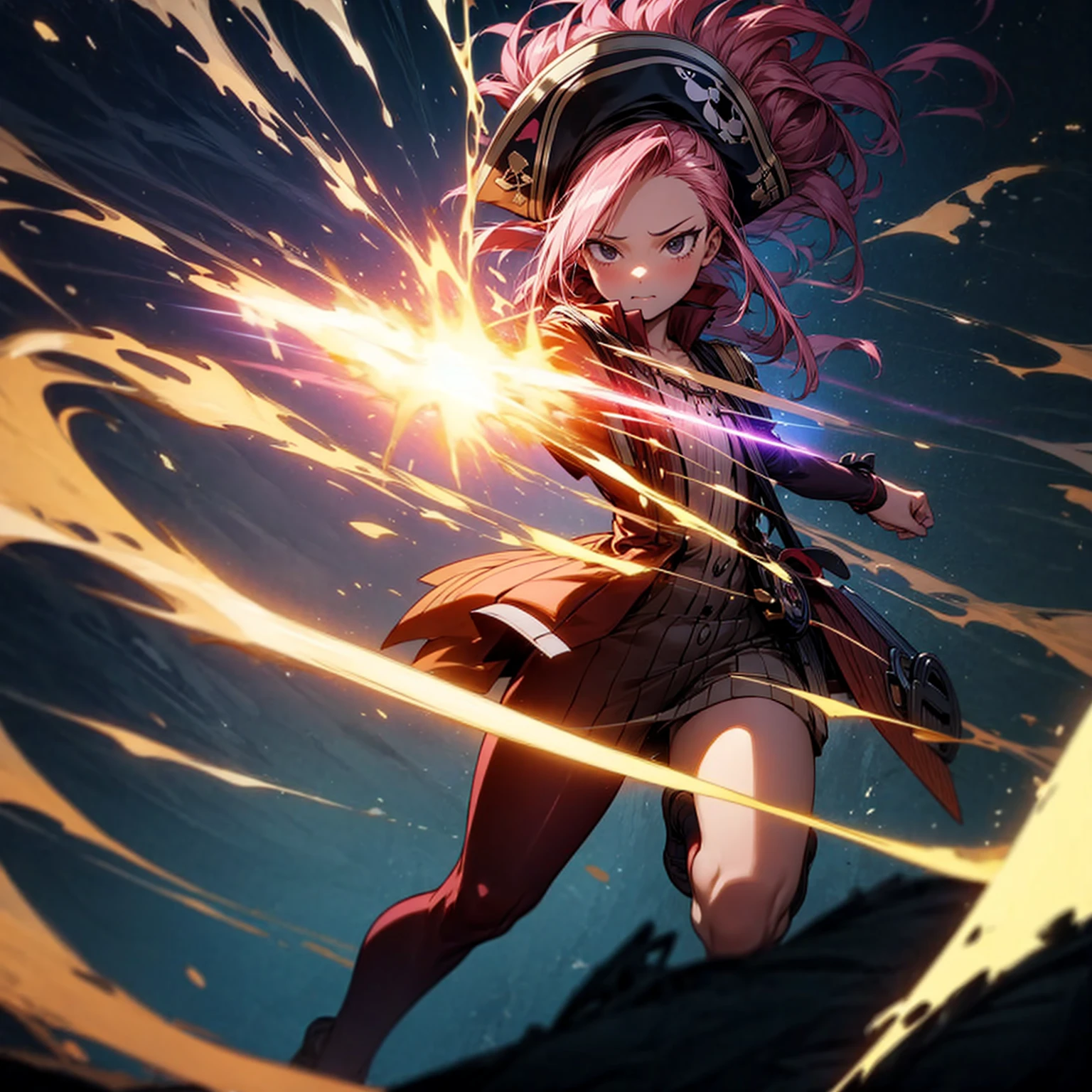 1girl, Full body version, 1character, girl version, black eyes, long Curly haircut, pink colour hair, ancient pirate style clothing, red colour clothing, Grassroots, background in the ship, motion blur, (pokemon style), standing gesture, pirate hat, motion blur, plasma effect, lighting revolver, fire revolver, fire, smoke revolver, smoke effect, aura effect, lighting, high angle view