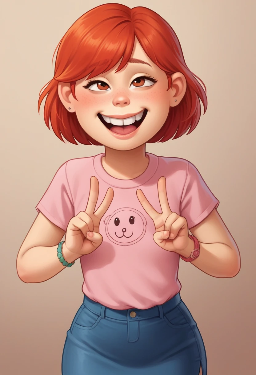 May Lee, Red hair, peace sign, ahegao, tilt your head, cowboy shot, coxas nuas, ((red scoop top)), 1 girl, alone, salient smile, ((pink pencil skirt)), gazing at viewer, hands crossed, whole body, poses photos, best qualityer, no flaws