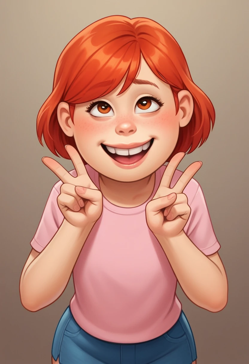 May Lee, Red hair, peace sign, ahegao, tilt your head, cowboy shot, coxas nuas, ((red scoop top)), 1 girl, alone, salient smile, ((pink pencil skirt)), gazing at viewer, hands crossed, whole body, poses photos, best qualityer, no flaws