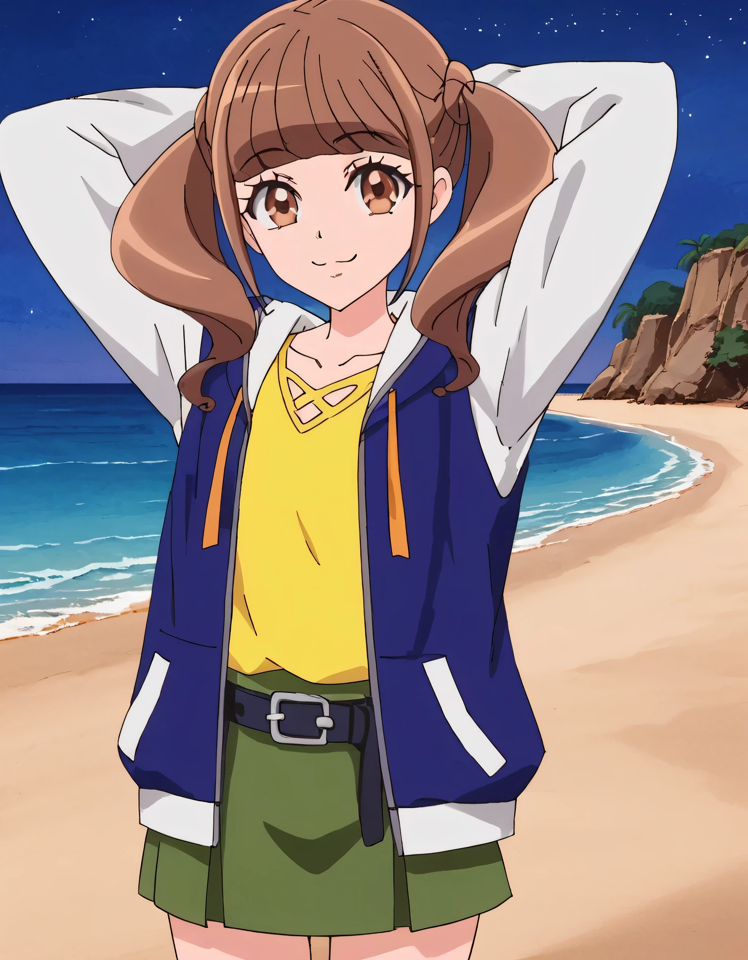 hiramitsu hinata, brown hair, twintails, brown eyes, blue jacket, white sleeves, yellow t-shirt, neckline, green skirt, belt, high quality, solo, 1girl, night sky, beach, arms behind head, (contrapposto), closed mouth, spread armpits, (cowboy shot:1.5), looking at viewer, best quality, smile,