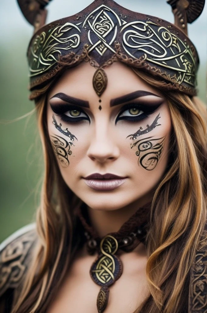 sexy woman with celtic makeup on her face, with Viking helmet and clothing for the cold