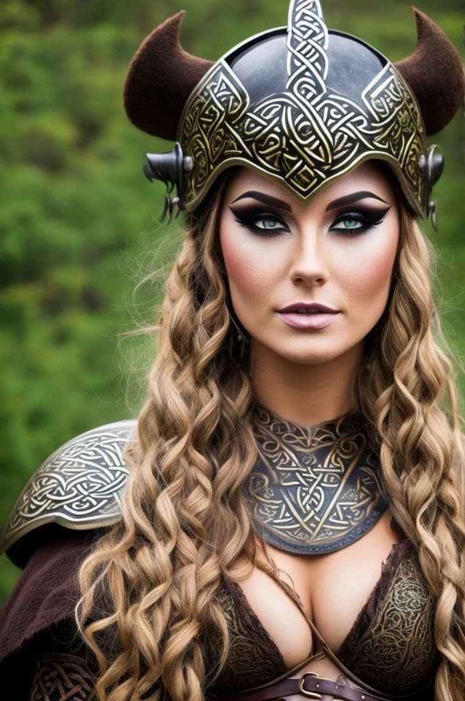 sexy woman with celtic makeup on her face, with Viking helmet and clothing for the cold