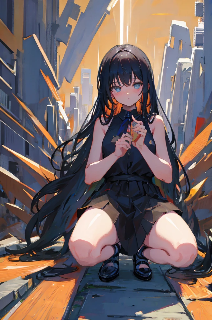 ((Highest quality)), ((masterpiece)), (detailed), One girl,Silver Hair,Long Hair，Dark Skin,Wearing a black sleeveless dress，Wear black high heels，Squatting pose on top of a chimney,Morning sky，cloud，fallen Angel，Look away