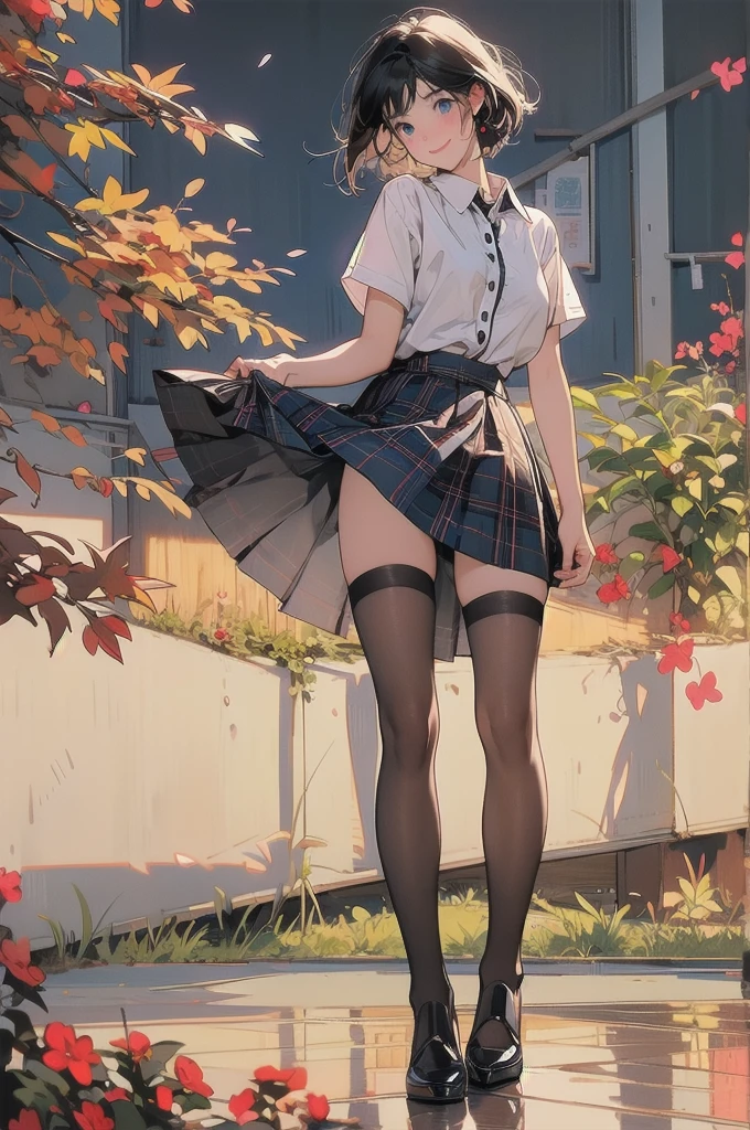 1 Girl、solo、chest、View your viewers、blush、smile、blue eyes、skirt、shirt、Black Hair、Closed Mouth、Are standing、白いshirt、Short sleeve、プリーツskirt、indoor、Plaid、Forward tilt、赤いskirt、Plaidのskirt、