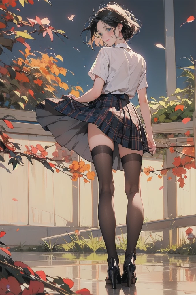 1 Girl、solo、chest、View your viewers、blush、smile、blue eyes、skirt、shirt、Black Hair、Closed Mouth、Are standing、白いshirt、Short sleeve、プリーツskirt、indoor、Plaid、Forward tilt、赤いskirt、Plaidのskirt、