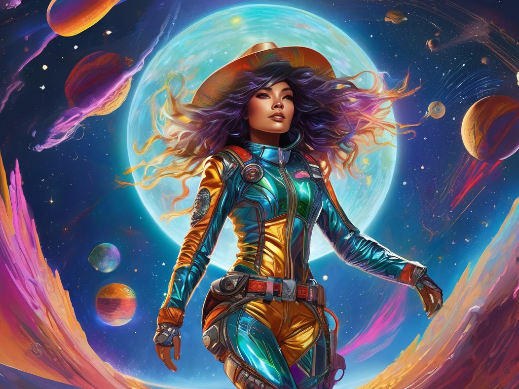 Full body shot, Riding on a comet in the vast expanse of space, the Intergaláctic cowgirl is depicted with colorful and intricate detail. Her space suit gleams with metallic sheen, adorned with futuristic embellishments and glowing neon accents. Full shot, The atmosphere is filled with cosmic dust and stars twinkling in the background, creating a dynamic and surreal scene. This captivating image, rendered with expert precision and vibrant colors, brings the adrenaline-fueled adventure of a spacefaring cowgirl to life in stunning detail. Speed sensation