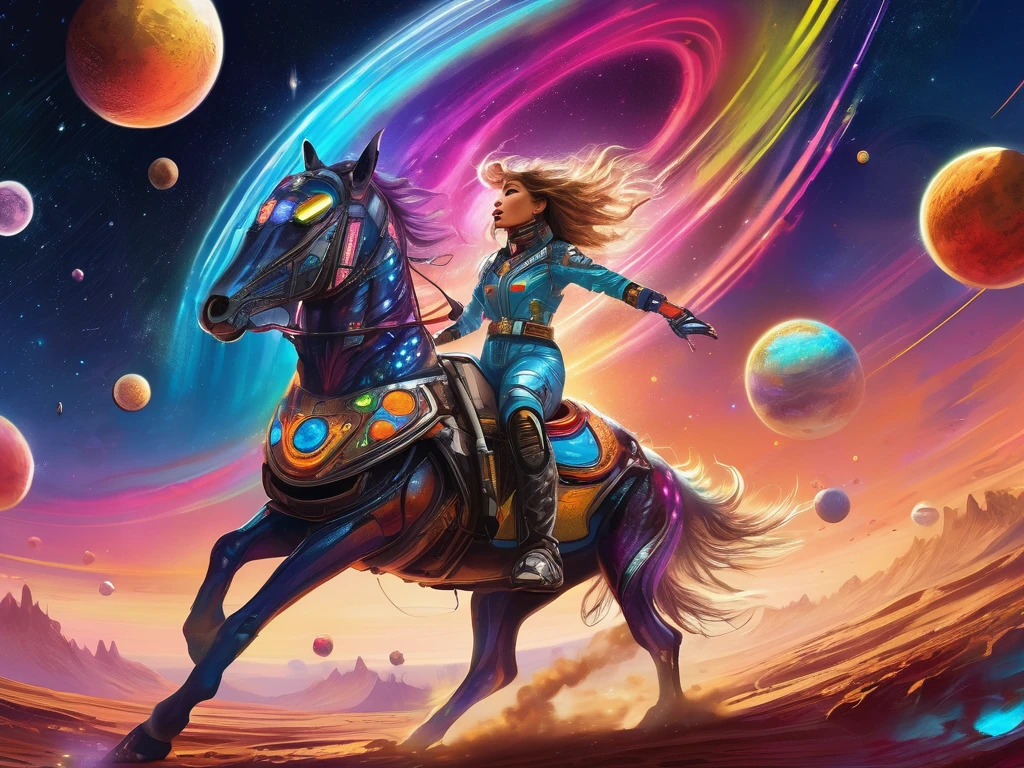 Full body shot, Riding on a comet in the vast expanse of space, the Intergaláctic cowgirl is depicted with colorful and intricate detail. Her space suit gleams with metallic sheen, adorned with futuristic embellishments and glowing neon accents. Full shot, The atmosphere is filled with cosmic dust and stars twinkling in the background, creating a dynamic and surreal scene. This captivating image, rendered with expert precision and vibrant colors, brings the adrenaline-fueled adventure of a spacefaring cowgirl to life in stunning detail. Speed sensation
