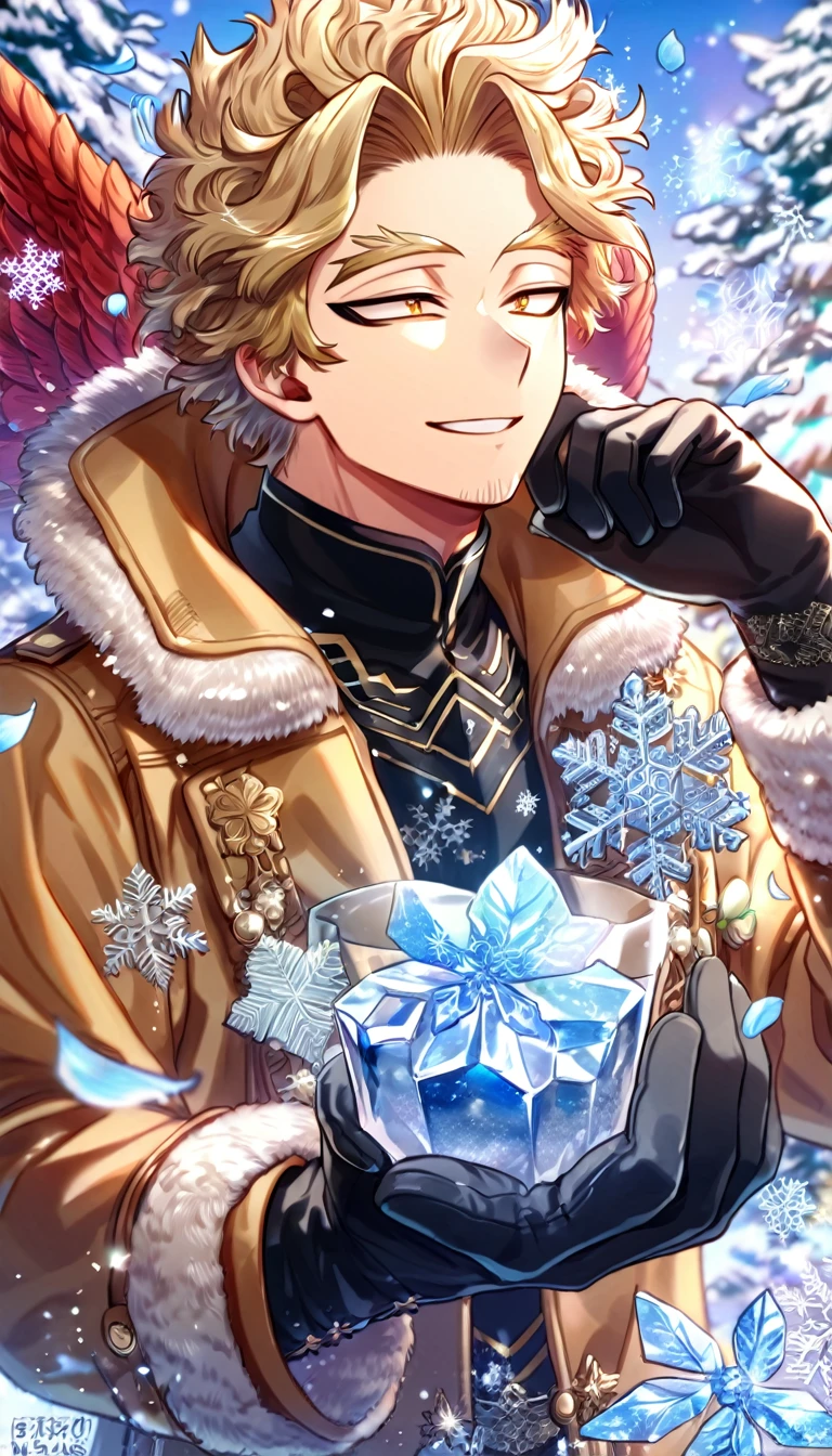 Ultra detailed, HDR, Highres, absurdres, master piece, Hawks, ash blonde hair, expressive brown-golden eyes, faint stubble, red wings, Boku No Hero Academia, brown coat with fur, black tight shirt, handsome, winter, ice glittering butterflies, ice, petals, glass flowers, glittering, water, fantasy, magical, snowflakes, cold, handsome smile, solo, black gloves