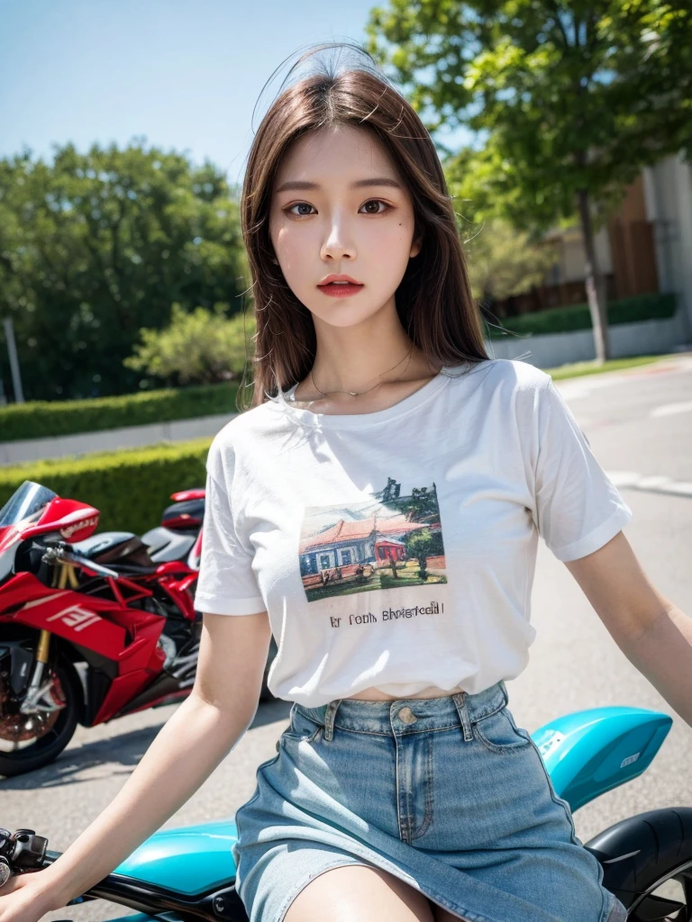a beautiful korean girl,1girl,beautiful detailed eyes,beautiful detailed lips,extremely detailed eyes and face,long eyelashes,riding a pink 2000 MV Agusta F1 race bike,silky glitter cyan t-shirt,tight above knee length skirt,f1 race,photorealistic,best quality,4k,8k,highres,masterpiece:1.2,ultra-detailed,realistic,photorealistic:1.37,HDR,UHD,studio lighting,ultra-fine painting,sharp focus,physically-based rendering,extreme detail description,professional,vivid colors,bokeh,concept art