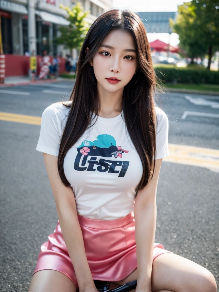 a beautiful korean girl,1girl,beautiful detailed eyes,beautiful detailed lips,extremely detailed eyes and face,long eyelashes,riding a pink 2000 MV Agusta F1 race bike,silky glitter cyan t-shirt,tight above knee length skirt,f1 race,photorealistic,best quality,4k,8k,highres,masterpiece:1.2,ultra-detailed,realistic,photorealistic:1.37,HDR,UHD,studio lighting,ultra-fine painting,sharp focus,physically-based rendering,extreme detail description,professional,vivid colors,bokeh,concept art
