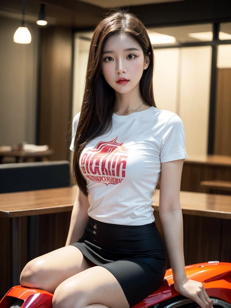 a beautiful korean girl,1girl,beautiful detailed eyes,beautiful detailed lips,extremely detailed eyes and face,long eyelashes,riding a pink 2000 MV Agusta F1 race bike,silky glitter cyan t-shirt,tight above knee length skirt,f1 race,photorealistic,best quality,4k,8k,highres,masterpiece:1.2,ultra-detailed,realistic,photorealistic:1.37,HDR,UHD,studio lighting,ultra-fine painting,sharp focus,physically-based rendering,extreme detail description,professional,vivid colors,bokeh,concept art