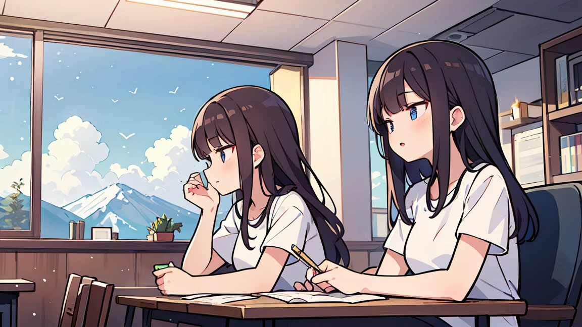 (masterpiece, best quality),2 women, different hair colors, different faces, flower, long hair, outdoors, letterboxed, , afternoon, sky, looking for, short sleeve, chapped lips, cloud, black hair, sunlight, casual attire, angel, upper body, from the side, pink flower, treasury, brown hair, blue sky ,Huge snow-capped mountain outside the window, In a spacious café, study at desk,My eyes are on the note, together, stylish outfit,
