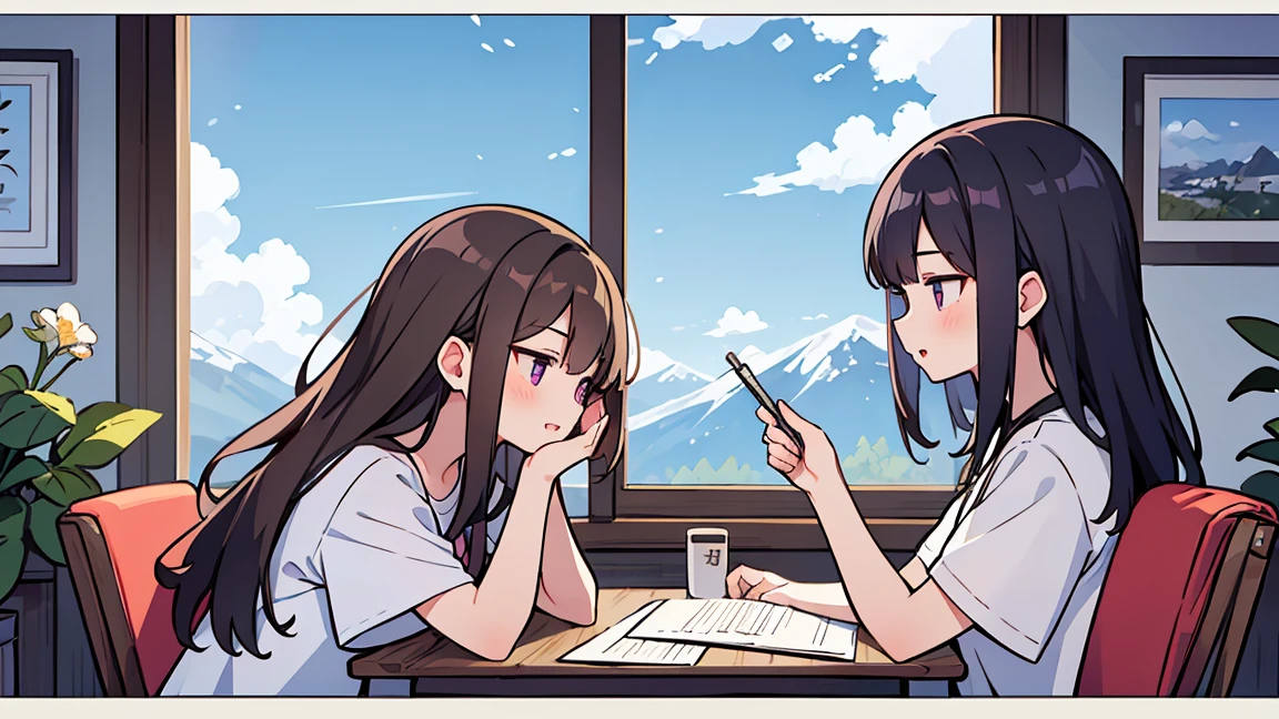 (masterpiece, best quality),2 women, different hair colors, different faces, flower, long hair, outdoors, letterboxed, , afternoon, sky, looking for, short sleeve, chapped lips, cloud, black hair, sunlight, casual attire, angel, whole body, 측면 3x zoom out, pink flower, treasury, brown hair, blue sky ,Huge snow-capped mountain outside the window, In a spacious café, study at desk,My eyes are on the note, together, stylish outfit, 3x zoom out