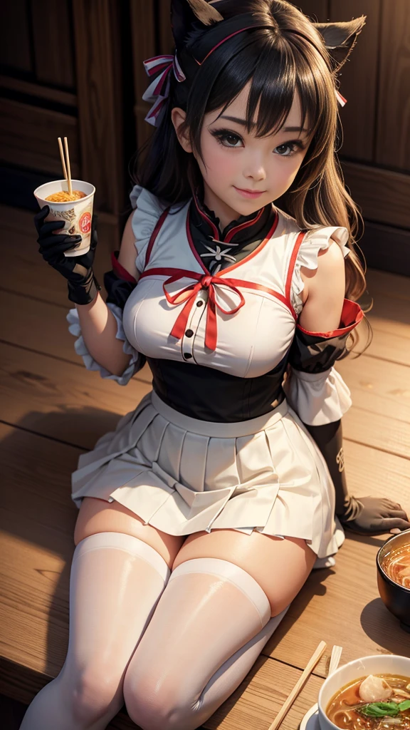 masterpiece, top quality, bewitching pose, full body wide angle, smile, (sitting:1.1) ,ichiraku ramen, (eating ramen noodles:1.0), holding chopsticks and ramen bowl, slurp one's noodles,, silence suzuka (umamusume), black gloves, white skirt, pleated skirt, black pantyhose, layered sleeves, puffy short sleeves, short over long sleeves, black bow, festival,