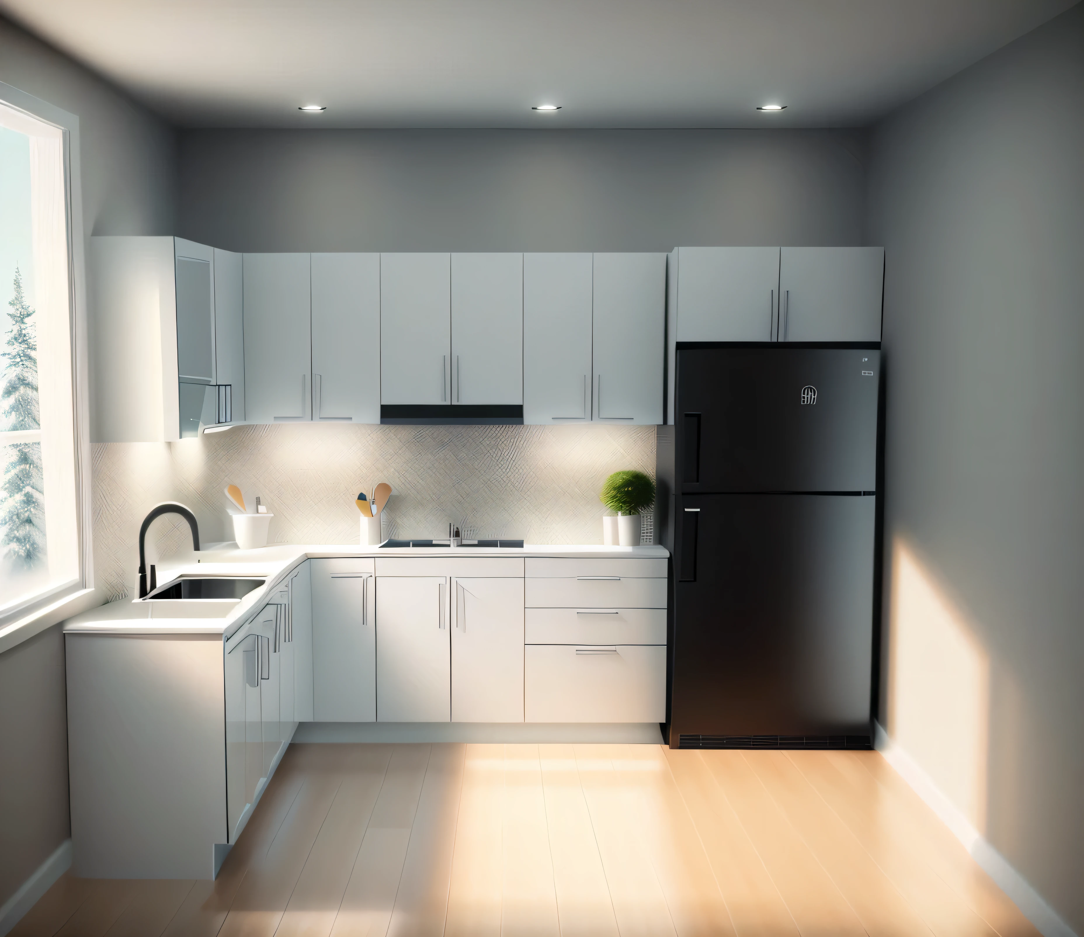 Creating a modern, fully functional kitchen space including 1 refrigerator, 1 induction cooker, 1 sink, white light. Clear, realistic images , granite black color ,