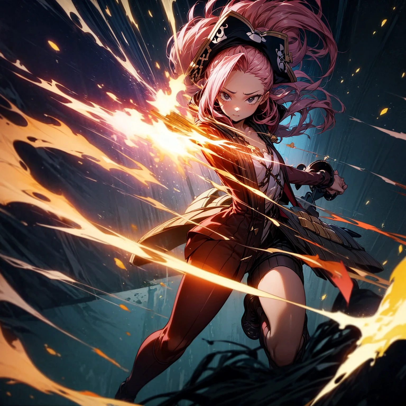 1girl, Full body version, 1character, girl version, black eyes, long Curly haircut, pink colour hair, ancient pirate style clothing, red colour clothing, Grassroots, background in the ship, motion blur, (pokemon style), standing gesture, pirate hat, motion blur, plasma effect, lighting revolver, fire revolver, fire, smoke revolver, smoke effect, aura effect, lighting, high angle view 