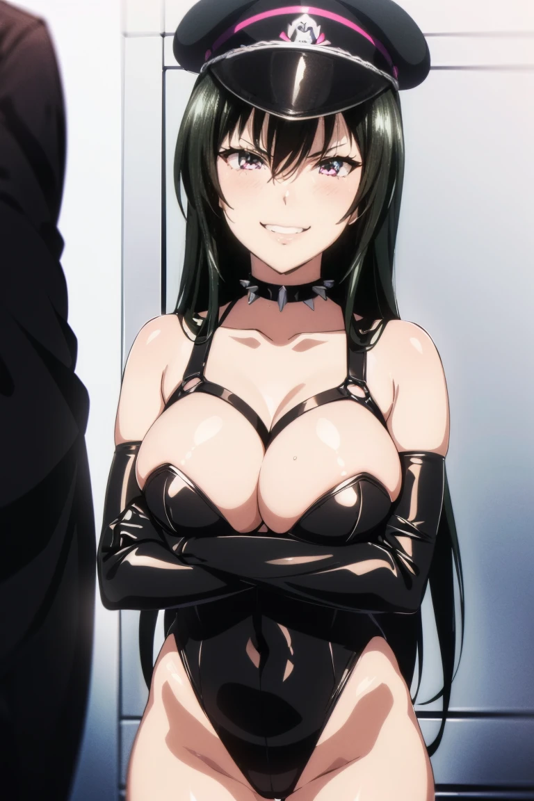 (((grinning lasciviously))), seductive anime girl, (((nefarious smirk))), [[[[grinning evily]]]], beautiful, masterpiece, ultra detailed, extremely detailed, ultra high res, 8k, beautiful detailed face, anime screencap, heart shaped face woman, (black hair:1.2), long hair, hair between eyes, large breasts, fearless face, sharp face, 170cm tall, (((adult))), perfect proportion, (((black high-leg leotard))), (((dare shoulder))), cleavage, (((thigh boots))), (((spiked choker))), (((military cap))), anime style, (((ultra detailed beautiful face and eyes))), front view, raw photo, incredibly absurdres, Beautiful portrait of cute anime girls, super fine illustration, full-hd, hdr, best aesthetic, distinct, exquisite, masterwork, by famous artist, highers, (((perfect anatomy))), mocking, (((rape face))), (((evil grin))), sadistic, gleaming skin, oil skin, slut face, (((full-face blush))), smirking, mischievous grin, furrowed mouth, both legs, pouty lips, downturned corners, rosy hue, grin widely, cheeky smirk, (((bad-tempered glare))), gloating, crazy smile, scary face, cruel smile, fang, connected teeth,, (((elbow gloves))), (((big connected teeth)), glare, grimace, smirk, (((scowling face))), smile broadly, symmetrical eyes, even eyes, perfect eyes, (((squinting eyes))), (((deep detailed eyes))), shiny clothes, 1girl, solo, smug, smile grimly, (((dimpled smile))), (((pink eyes))), (((standing, looking at viewer))), (((laugh))), (((pleasure face))), (((brutality face))), (((scary face))), (((empty eyes))), anime best girl, [[[[grinning evily]]]], anime moe artstyle, collarbone, dare collarbone, fair skin, deep detailed eyes, (((extremely detailed beautiful face and eyes))), perfect teeth, perfect mouth, adult face, (((clear eyes, perfect face, light eyes, symmetrical eyes, even eyes))), ,groin, mole under eye, perfect body, accurate face parts, harness bondage, crossed arms, black clothes, black wear,