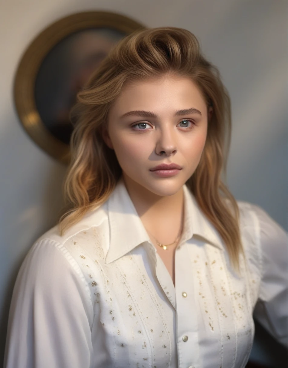 ChloeGraceMoretz, (art by Grandma Moses:1.1) , portrait,close up of a Ceramic Golden Age Woman Standing in a College, Extraordinary Trendy hair, specular lighting, F/2.8, Agfacolor, wearing a white business shirt.