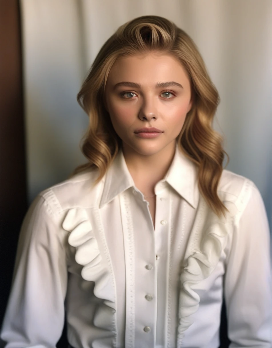 ChloeGraceMoretz, (art by Grandma Moses:1.1) , portrait,close up of a Ceramic Golden Age Woman Standing in a College, Extraordinary Trendy hair, specular lighting, F/2.8, Agfacolor, wearing a white business shirt.