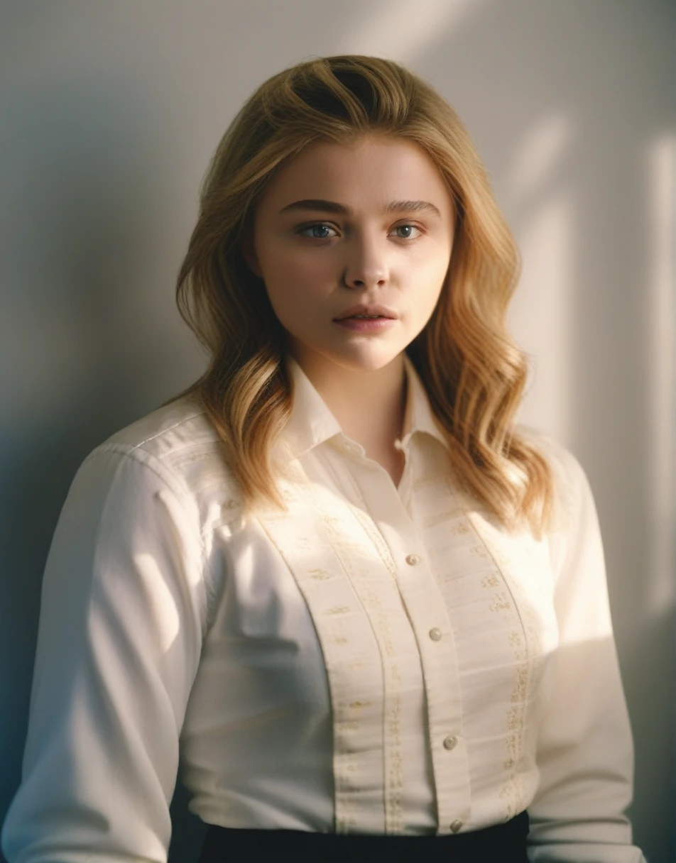 ChloeGraceMoretz, (art by Grandma Moses:1.1) , portrait,close up of a Ceramic Golden Age Woman Standing in a College, Extraordinary Trendy hair, specular lighting, F/2.8, Agfacolor, wearing a white business shirt.