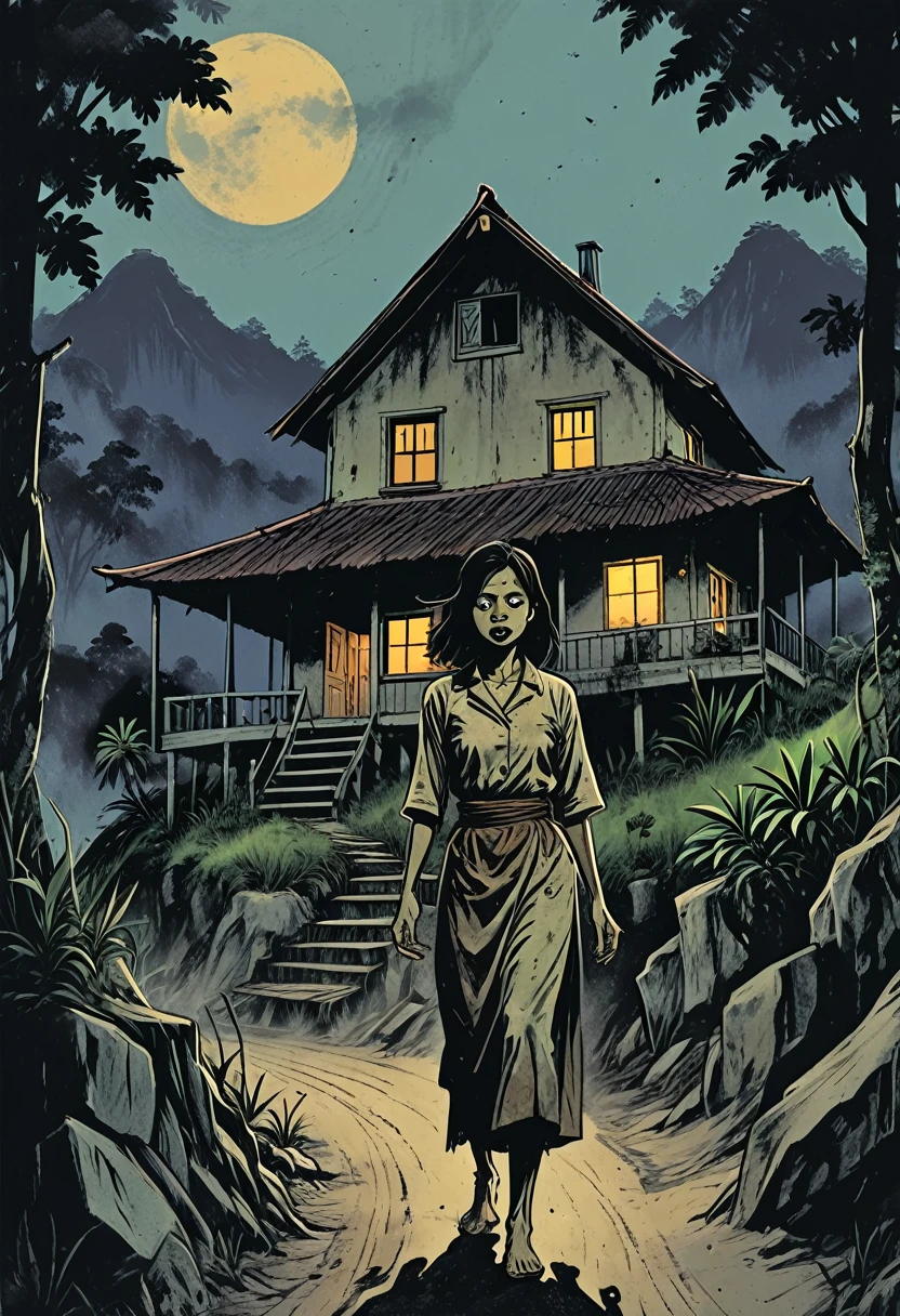 a comic book cover, illustration style. Titled written "BERCAKAP DENGAN JIN" a woman zombie crawling coming out from the terrain in front of a Malay house in the night. traditional Malay village house in distance. background of tropical forest and a mountain.