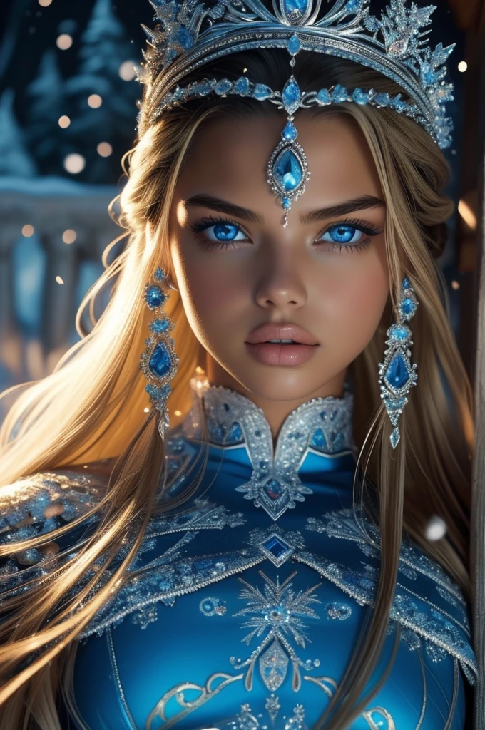 16 year old Adriana Lima, ultra detailed face, ultra detailed blue eyes, long blonde hair, (dress), tiara, winter, (((masterpiece)))