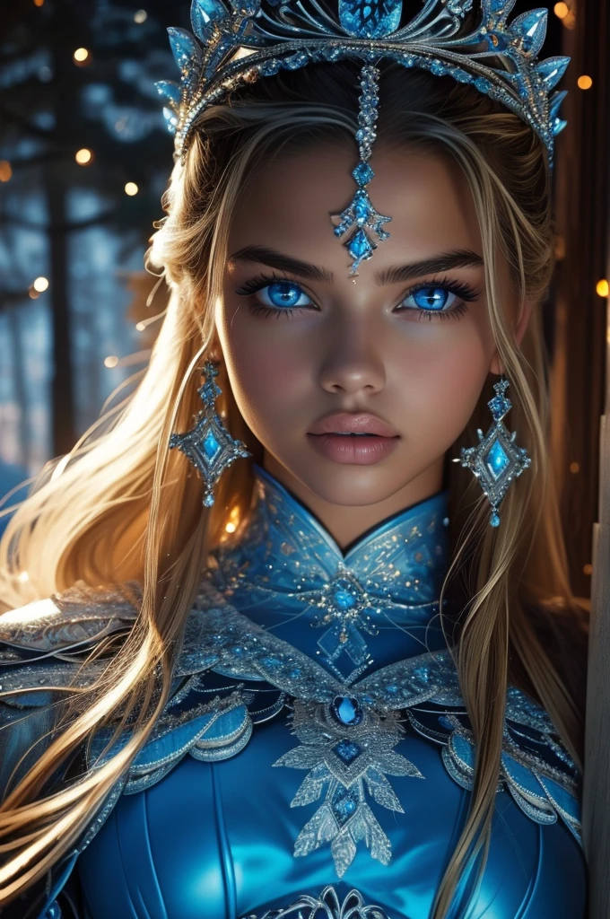 16 year old Adriana Lima, ultra detailed face, ultra detailed blue eyes, long blonde hair, (dress), tiara, winter, (((masterpiece)))