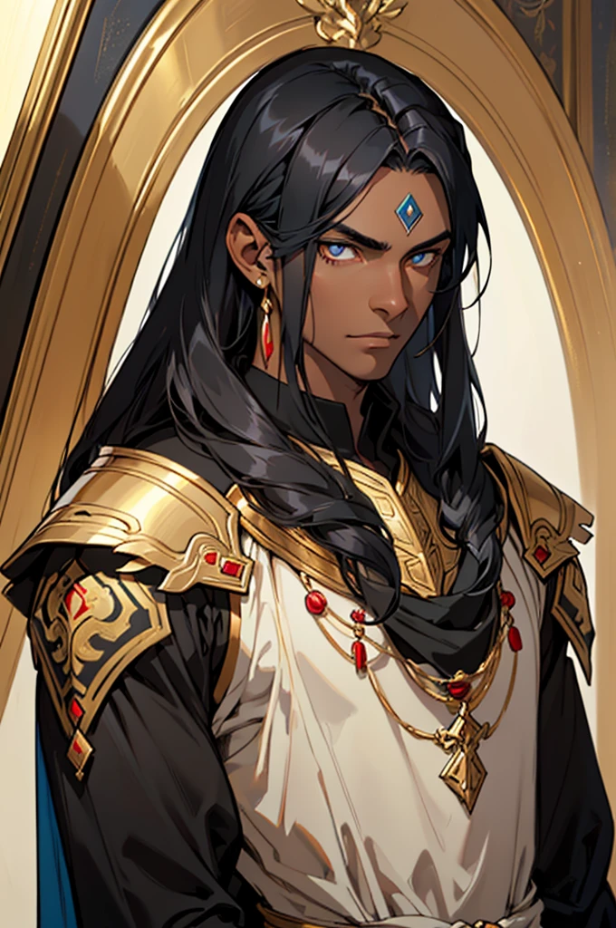 (Man strong with black hair, blue undertone, expressionless golden eyes, calm expression, dark skin, He wears a long red and loose tunic, adorned with gold, all over his body, tall, slender) Painting, ultra-detailed ,portrait,vivid colors,studio lighting,subtle shadow
