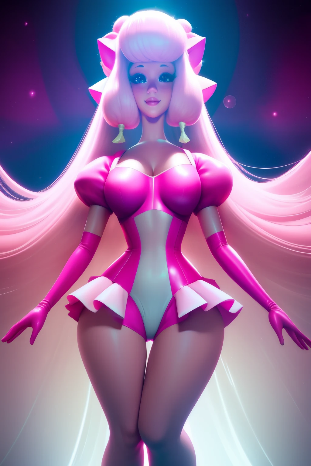 pnkdamond, pink hair, pink eyes, long hair, stomach gem, pink skin, toned,
puffy short sleeves, elbow gloves , white thighs, Puffy dress,
standing, Upper part of the body,
outer space,
(incredibly detailed, beautiful detailed face,Beautiful detailed eyes, Masterpiece, Best Quality) cinematic lighting, SMILE,