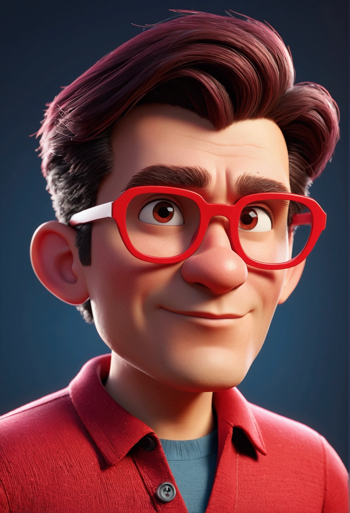 Cartoon character of a man with red glasses and a red shirt, animation character, stylized character, animation style rendering, 3d stylized, Arnold Maya render, 3 d render stylized, toon render keyshot, 3d character, 3d character, 3d rendering stylized, 3 d character render, cartoon character, Close up character, Character pose, (Pixar style) (master part:1.2) (Bokeh) (best quality) (detailed skin) (detailed texture) (8k) (clay) (Cinematic lighting) (sharp focus)