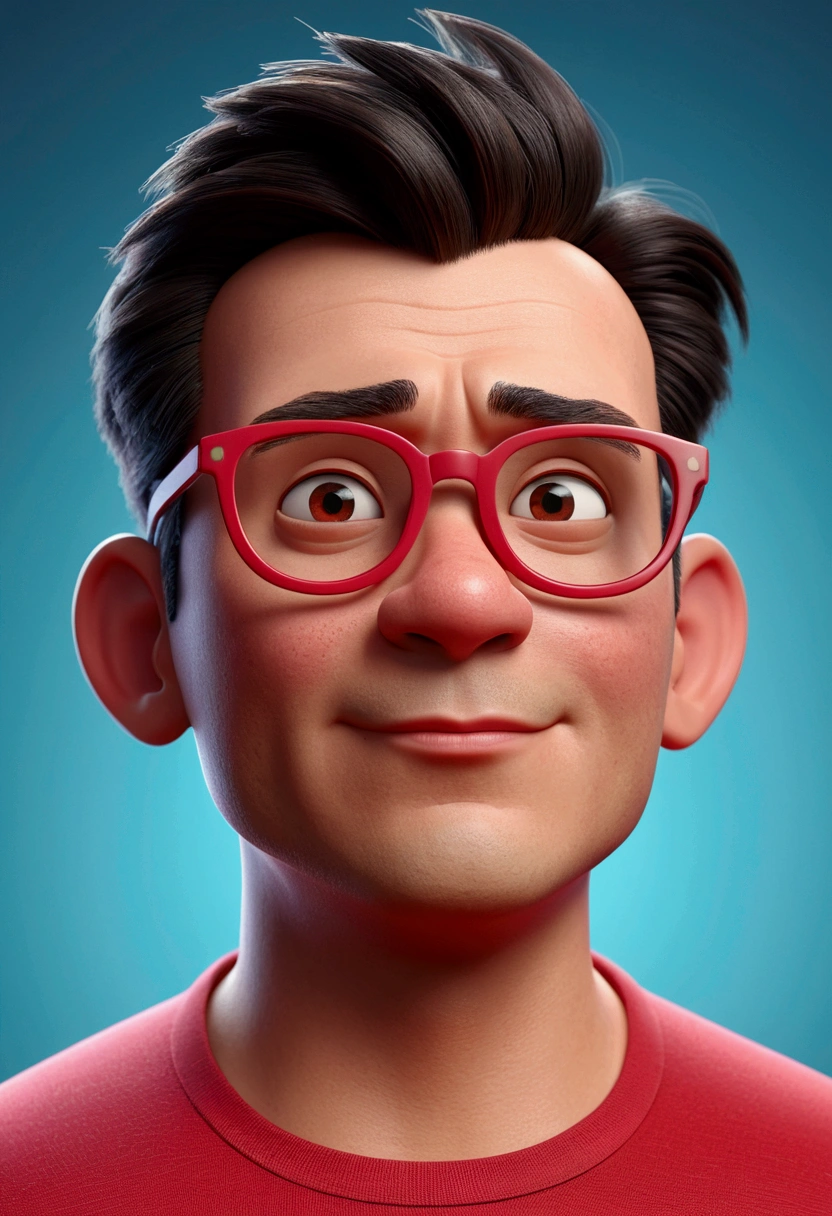 Cartoon character of a man with red glasses and a red shirt, animation character, stylized character, animation style rendering, 3d stylized, Arnold Maya render, 3 d render stylized, toon render keyshot, 3d character, 3d character, 3d rendering stylized, 3 d character render, cartoon character, Close up character, Character pose, (Pixar style) (master part:1.2) (Bokeh) (best quality) (detailed skin) (detailed texture) (8k) (clay) (Cinematic lighting) (sharp focus)