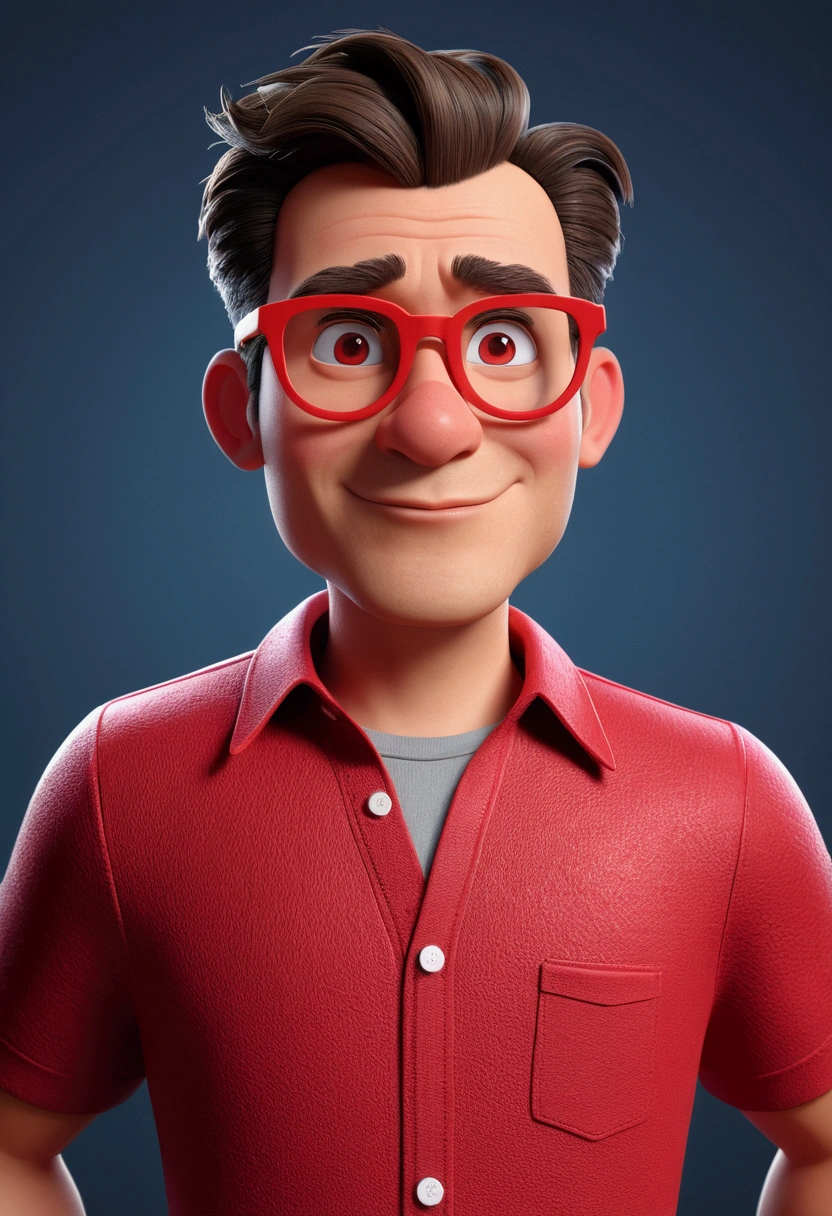 Cartoon character of a man with red glasses and a red shirt, animation character, stylized character, animation style rendering, 3d stylized, Arnold Maya render, 3 d render stylized, toon render keyshot, 3d character, 3d character, 3d rendering stylized, 3 d character render, cartoon character, Close up character, Character pose, (Pixar style) (master part:1.2) (Bokeh) (best quality) (detailed skin) (detailed texture) (8k) (clay) (Cinematic lighting) (sharp focus)